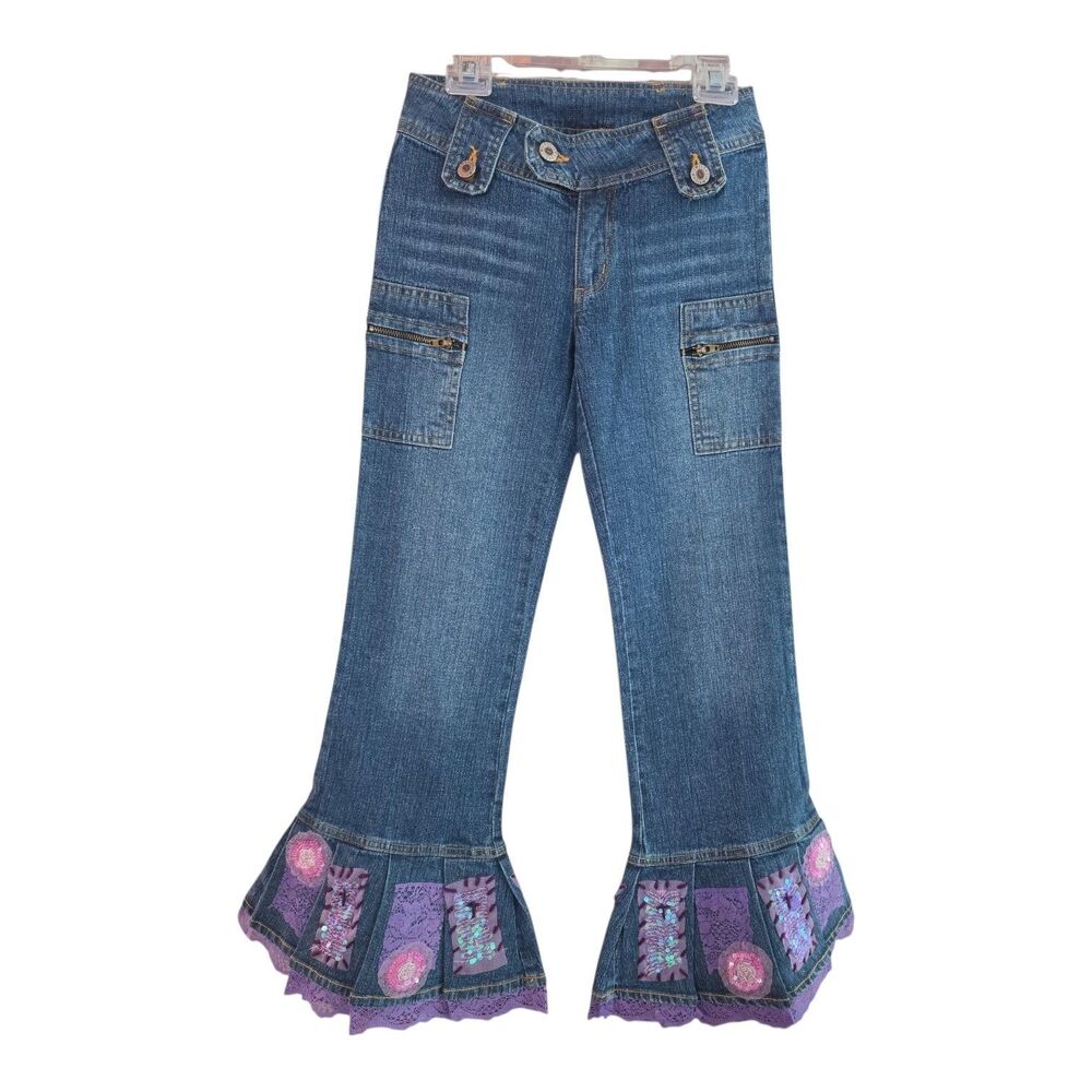 New Lipstik Y2K Bell Bottom Jeans Size 10 Blue Patchwork Hem Boutique Boho Cargo